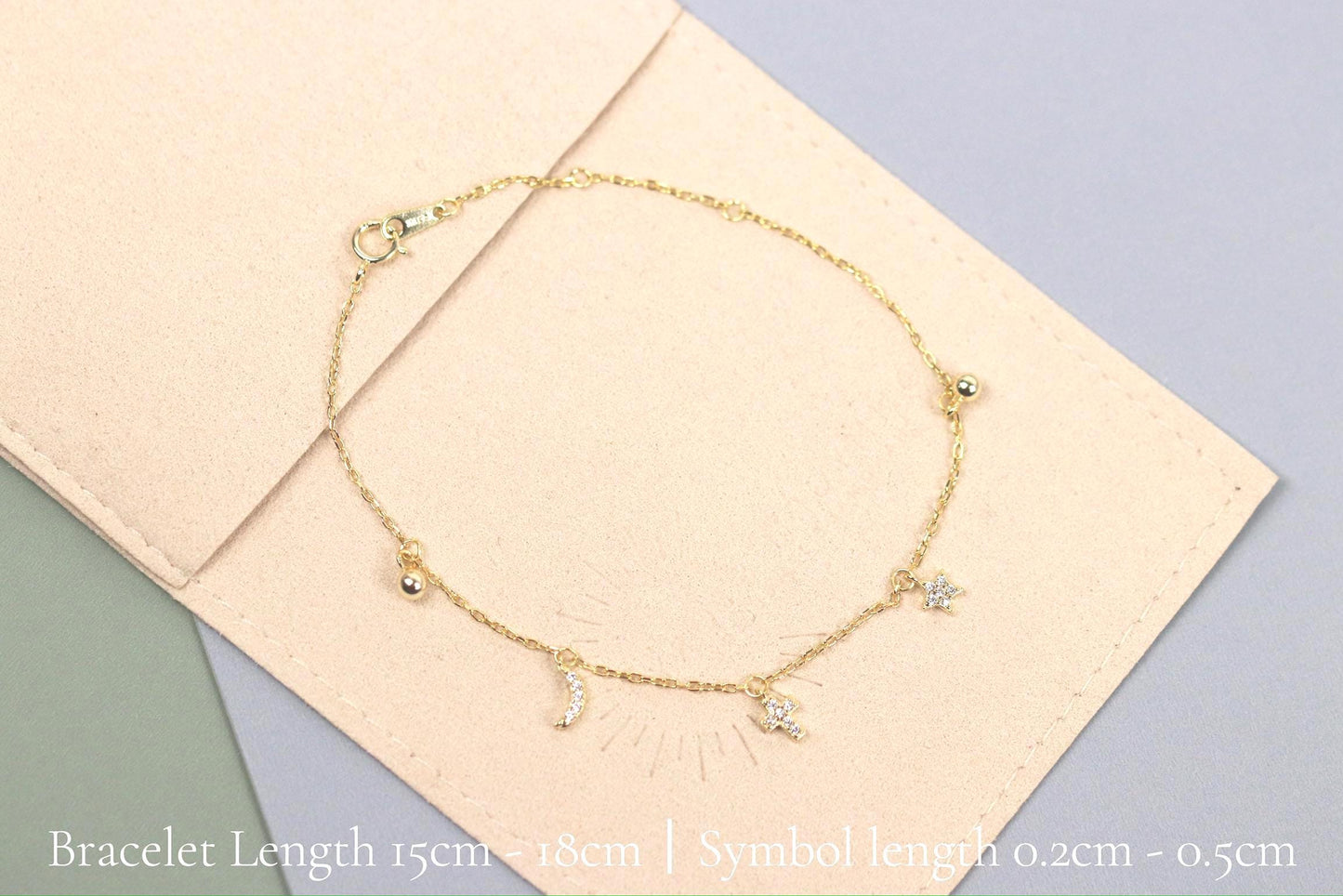 Sterling Silver Moon & Star Charm Bracelet, Gold Dainty Celestial Bracelet, Birthday Gift for Her