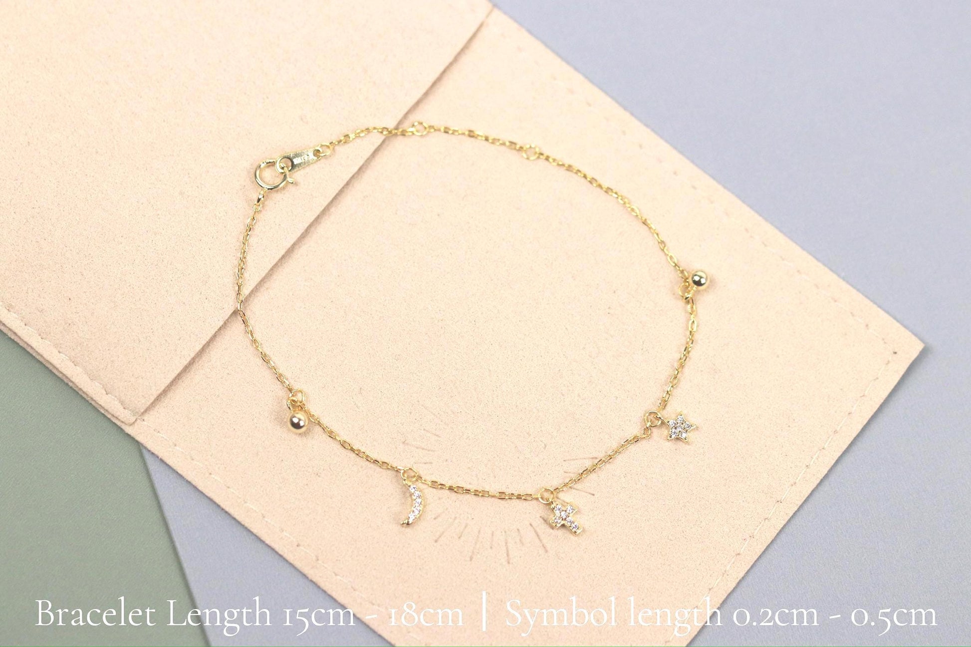 Sterling Silver Moon & Star Charm Bracelet, Gold Dainty Celestial Bracelet, Birthday Gift for Her