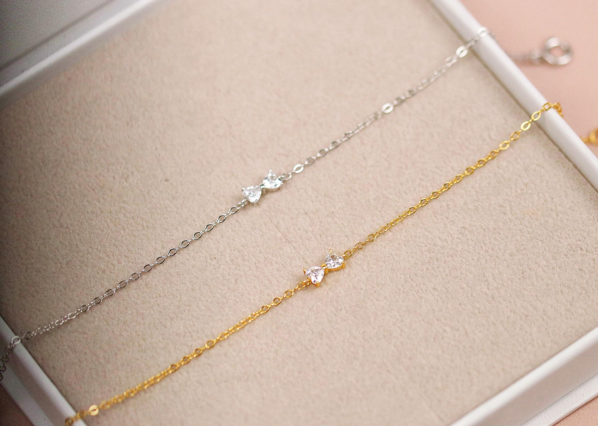 Sterling Silver Gold Bow Bracelet – Dainty CZ Butterfly Bowknot Chain,Minimalist Jewellery,Thank You Gift