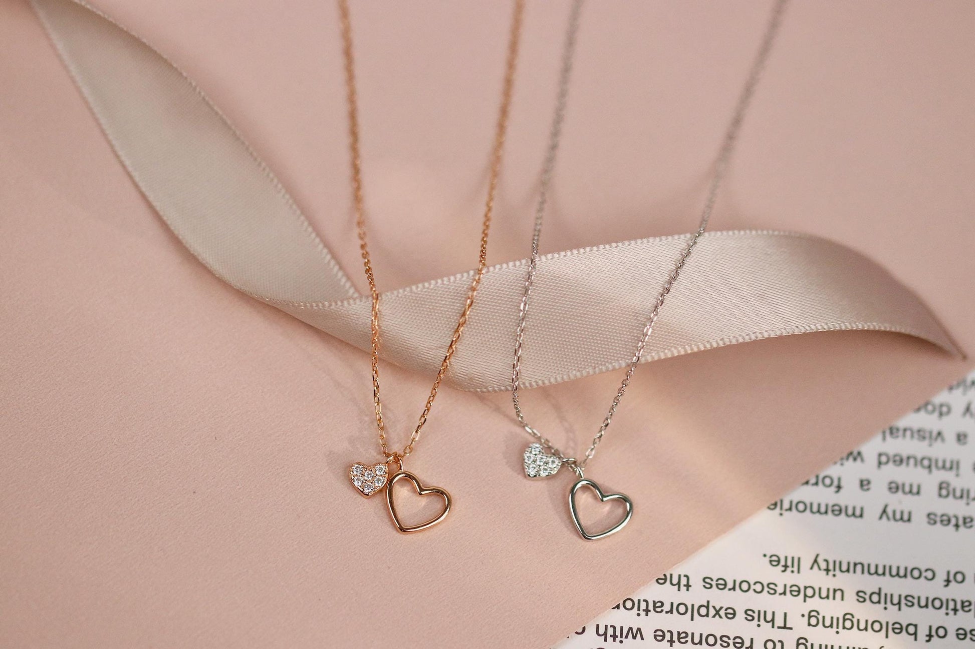 Sterling Silver/Rose Gold Double Heart Necklace, Dainty Heart Pendant Jewellery, Mother & Daughter Gift