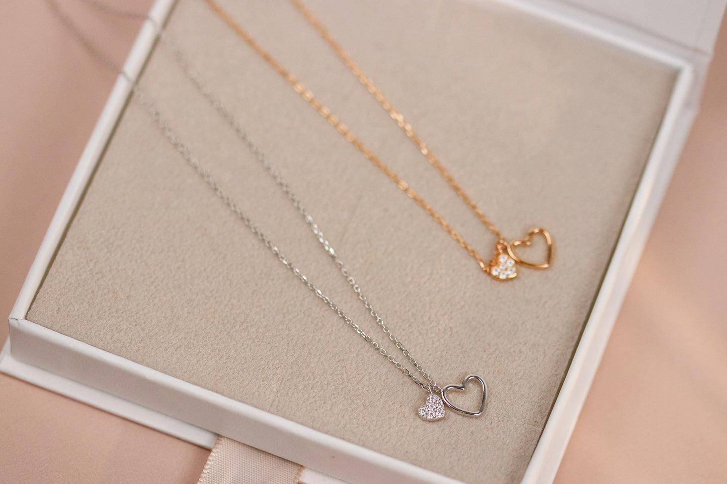 Sterling Silver/Rose Gold Double Heart Necklace, Dainty Heart Pendant Jewellery, Aunt & Niece Gift