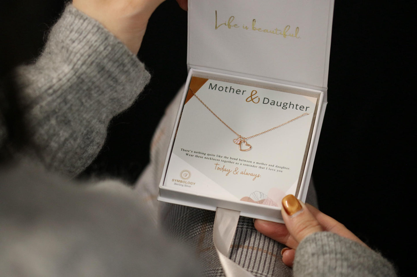 Sterling Silver/Rose Gold Double Heart Necklace, Dainty Heart Pendant Jewellery, Mother & Daughter Gift