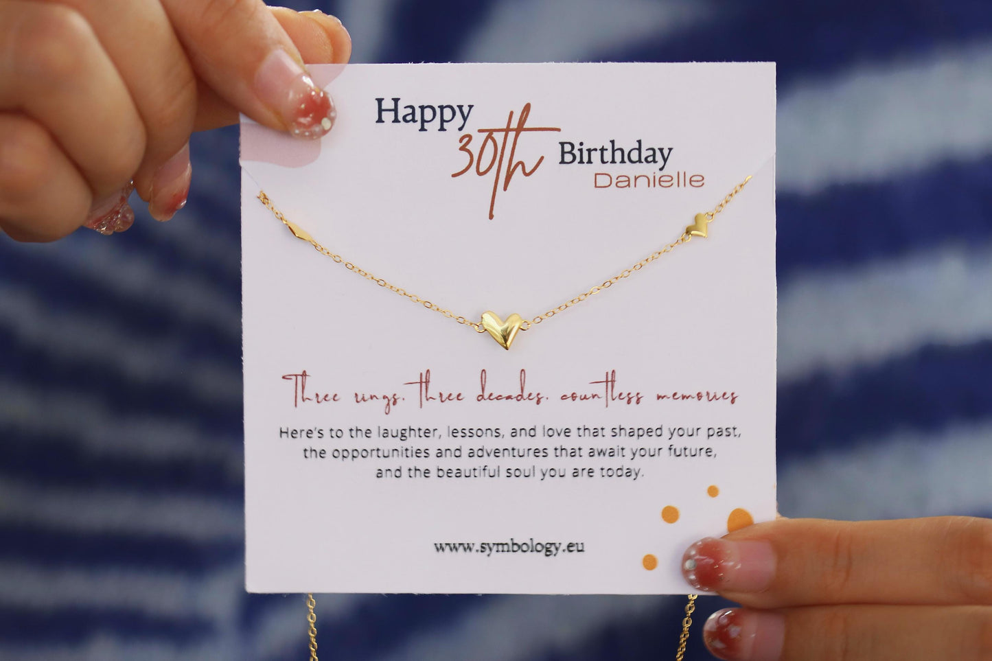 30th Birthday Gift, Three Love Heart Necklace, Milestone Birthday Jewellery with Personalised Name Card