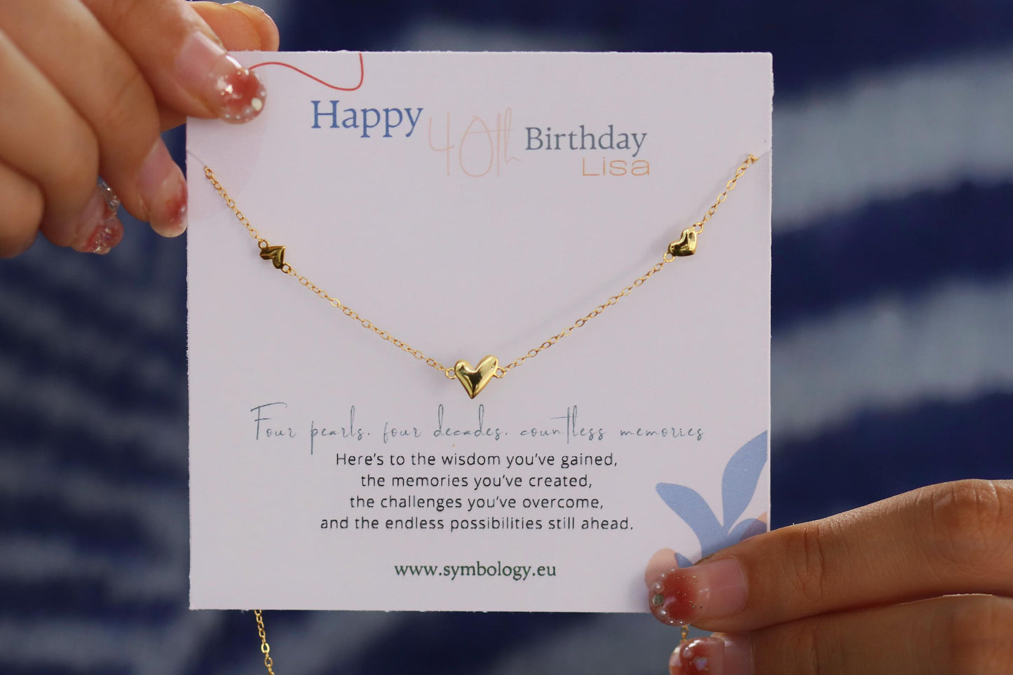 40th Birthday Gift, Three Love Heart Necklace, Milestone Birthday Jewellery with Personalised Name Card