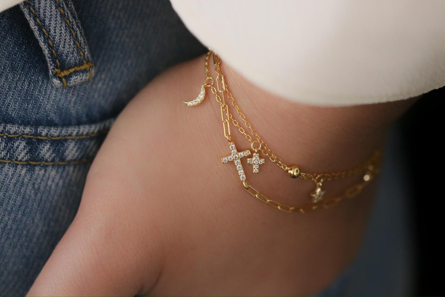 Sterling Silver Moon & Star Charm Bracelet, Gold Dainty Celestial Bracelet, Birthday Gift for Her