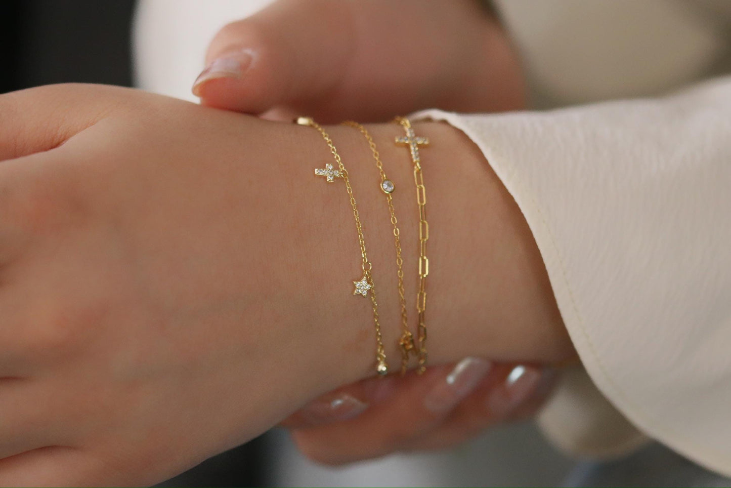 Sterling Silver Moon & Star Charm Bracelet, Gold Dainty Celestial Bracelet, Birthday Gift for Her