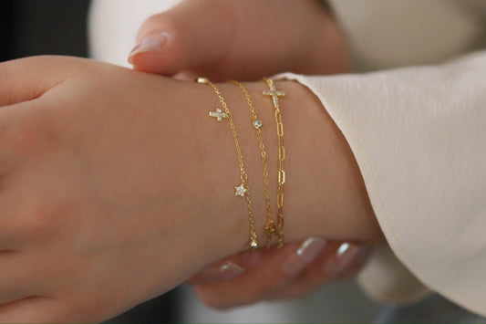 Sterling Silver Moon & Star Charm Bracelet, Gold Dainty Celestial Bracelet, Birthday Gift for Her