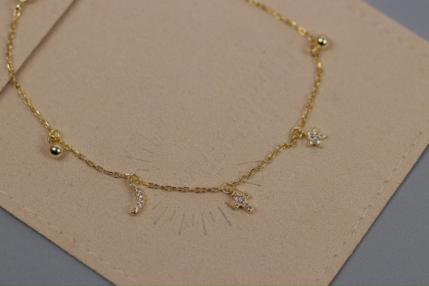 Sterling Silver or Gold Moon & Star Charm Bracelet, Dainty Celestial Bracelet, Birthday Gift