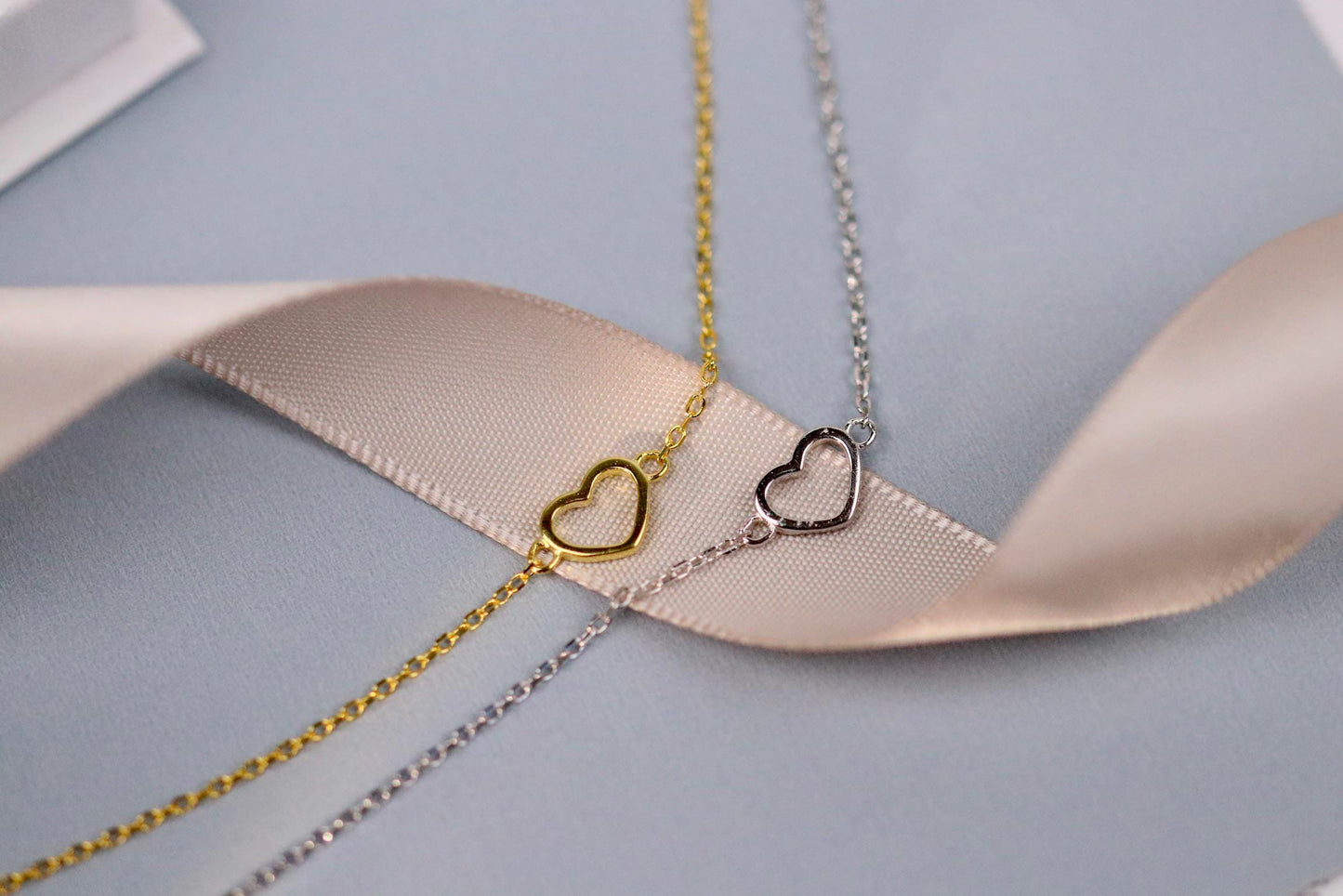 Sterling Silver Open Heart Bracelet, Gold Dainty Minimalist Heart Chain, Christmas Gift for Her