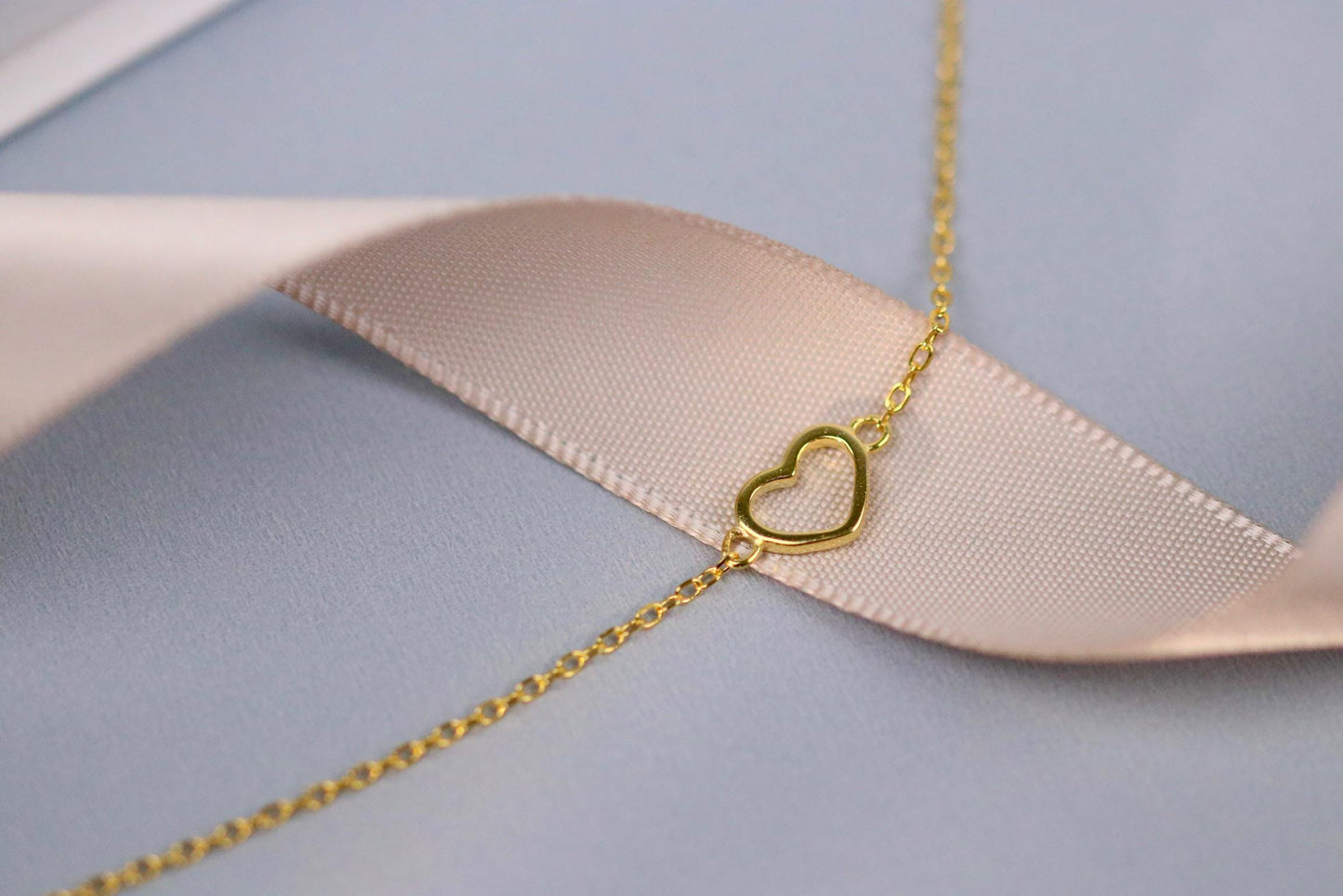 Sterling Silver or Gold Open Heart Bracelet, Dainty Minimalist Heart Chain, Christmas Gift