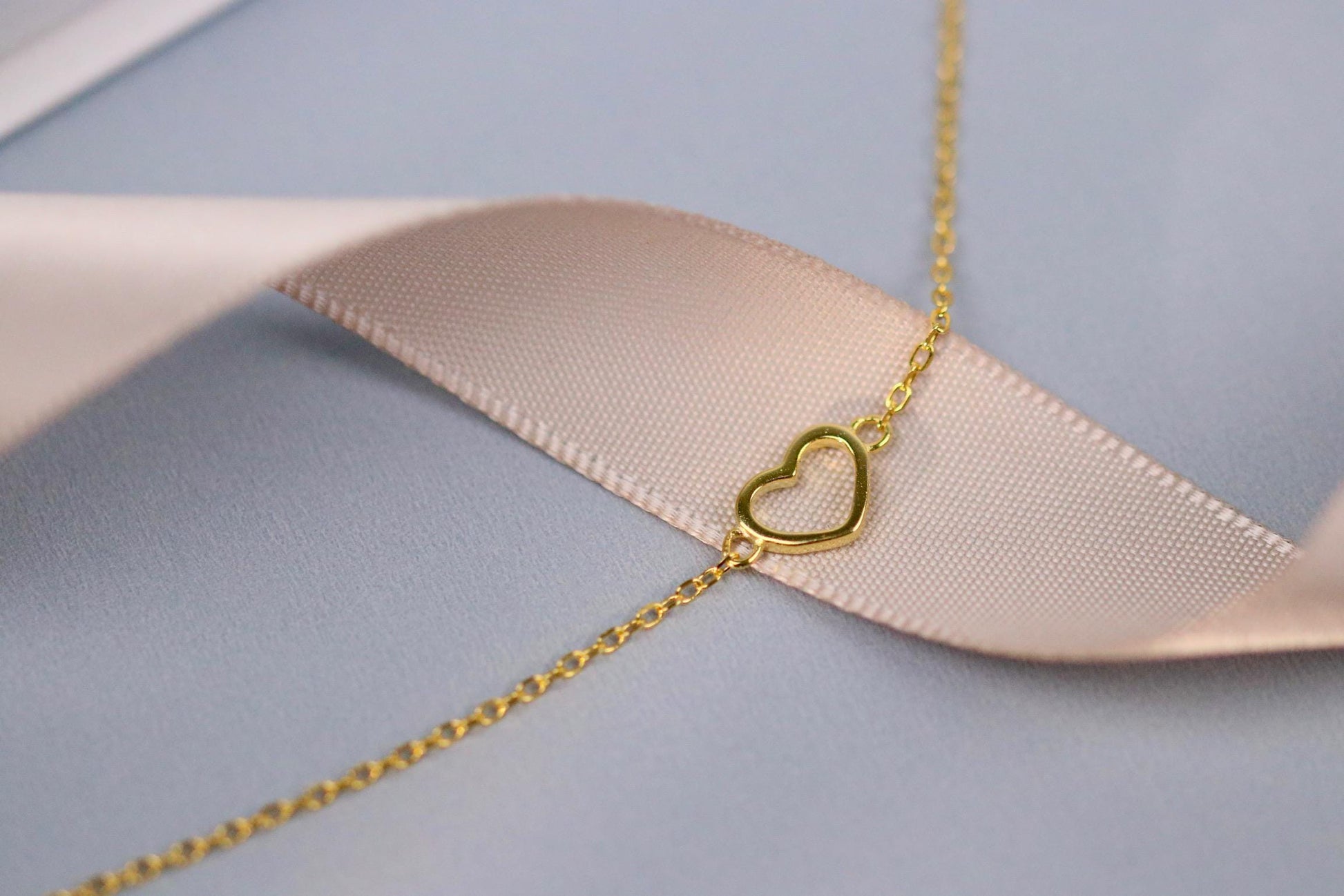 Sterling Silver or Gold Open Heart Bracelet, Dainty Minimalist Heart Chain, Christmas Gift