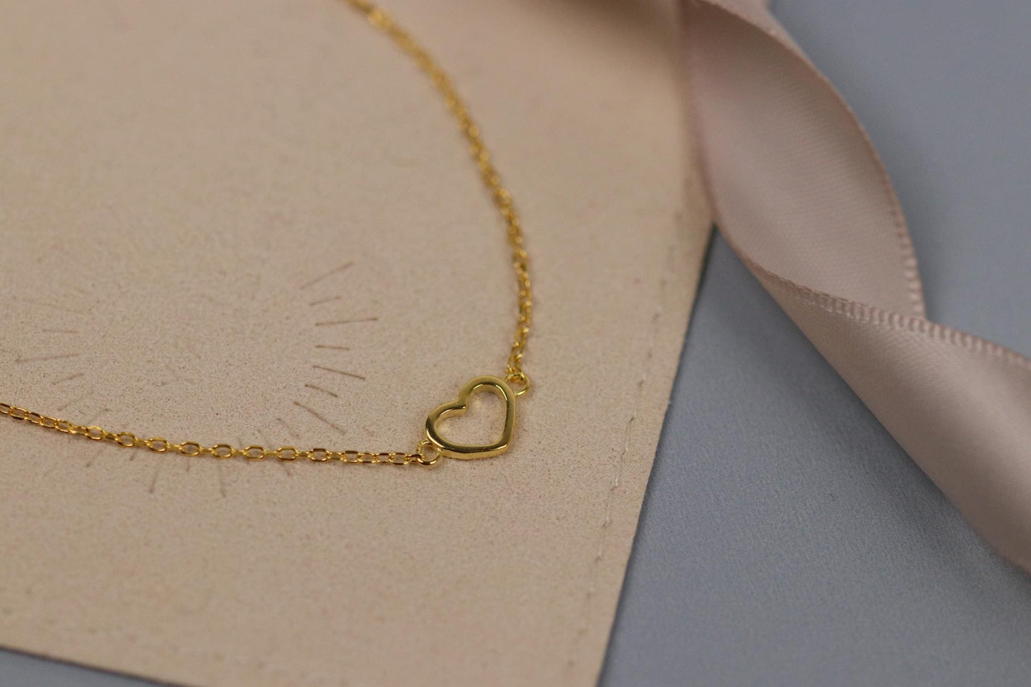 Sterling Silver or Gold Open Heart Bracelet, Dainty Minimalist Heart Chain, Christmas Gift