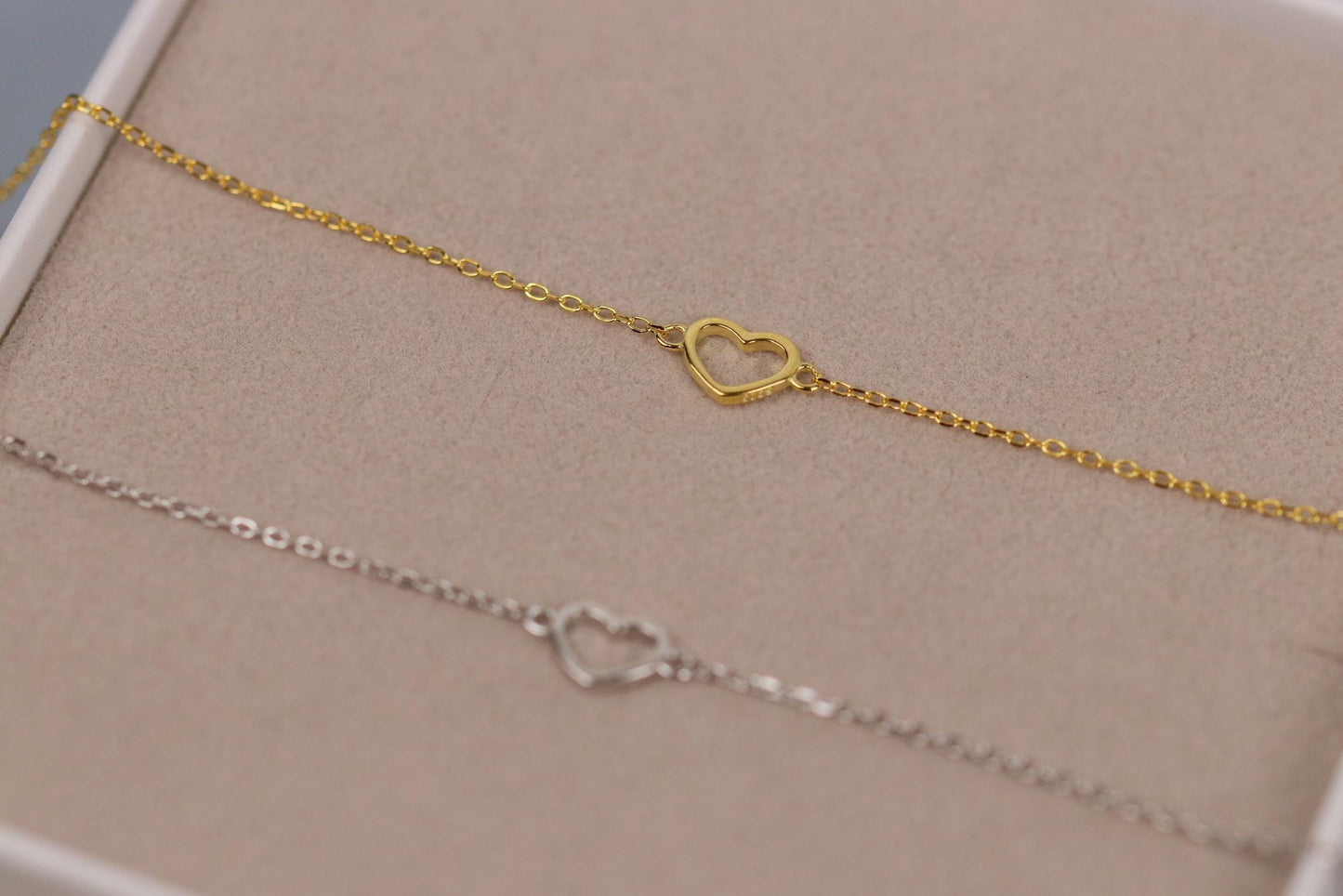 Sterling Silver or Gold Open Heart Bracelet, Dainty Minimalist Heart Chain, Christmas Gift