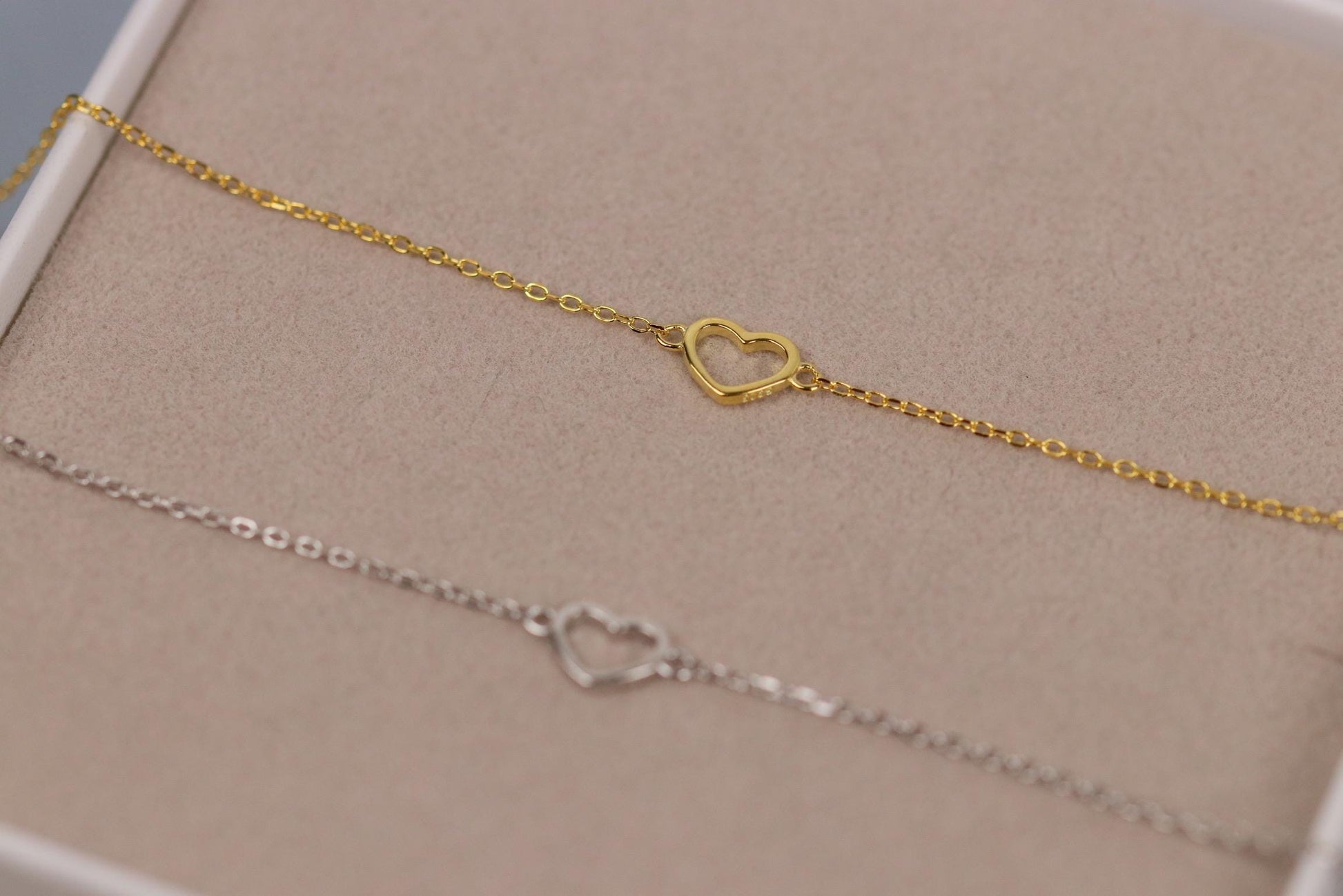 Sterling Silver Open Heart Bracelet, Gold Dainty Minimalist Heart Chain, Christmas Gift for Her