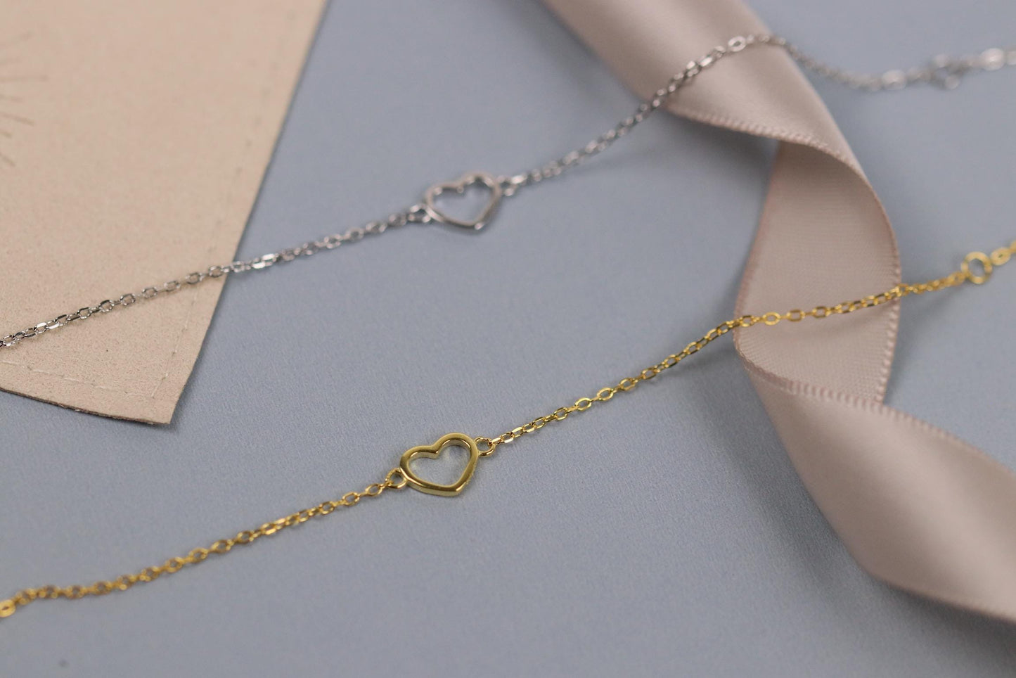 Sterling Silver or Gold Open Heart Bracelet, Dainty Minimalist Heart Chain, Christmas Gift