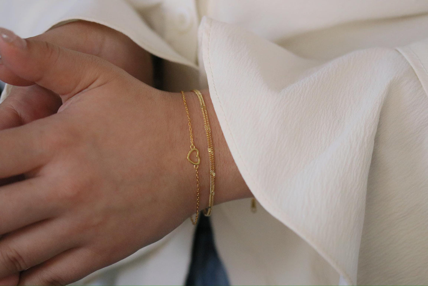 Sterling Silver or Gold Open Heart Bracelet, Dainty Minimalist Heart Chain, Christmas Gift