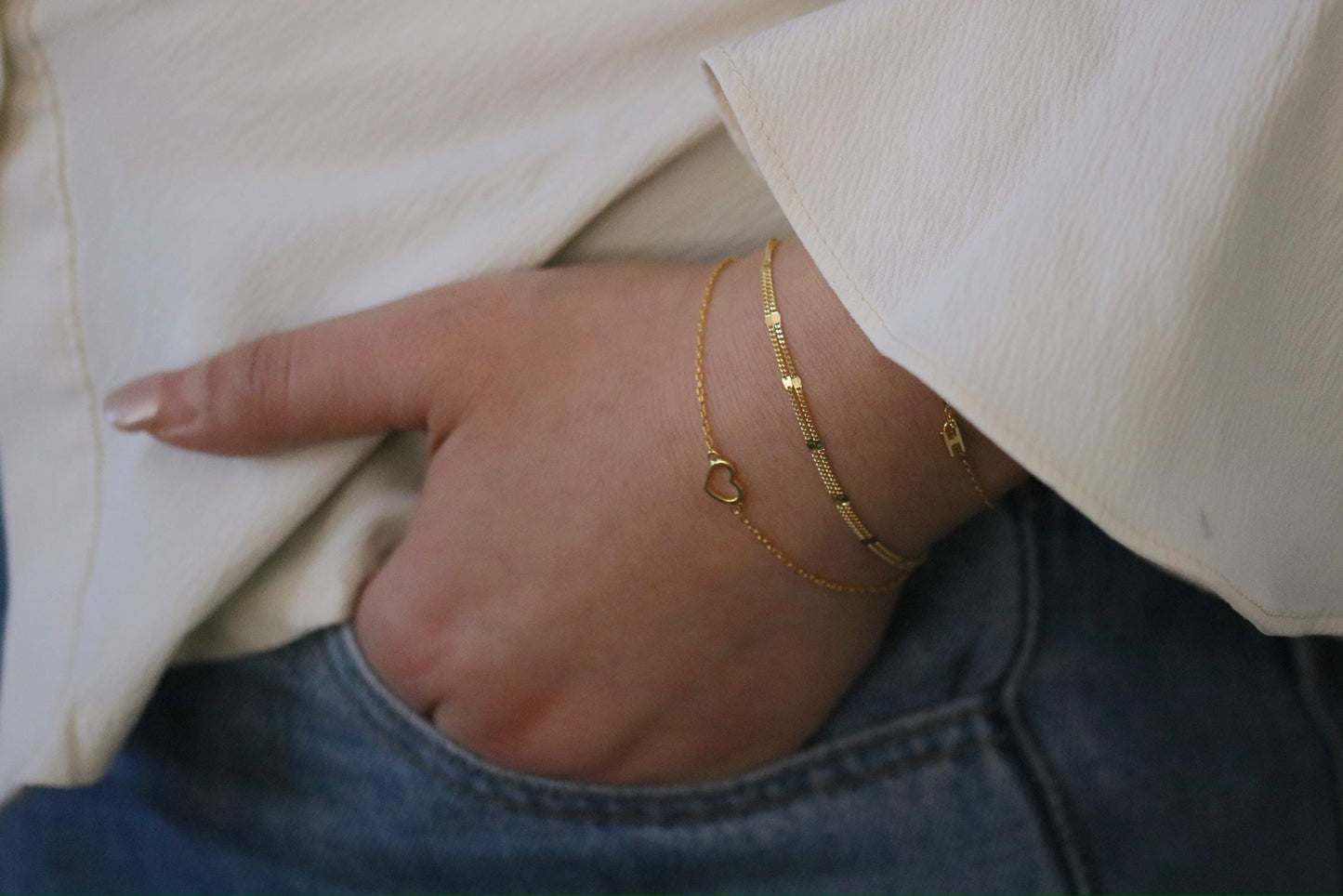 Sterling Silver or Gold Open Heart Bracelet, Dainty Minimalist Heart Chain, Christmas Gift