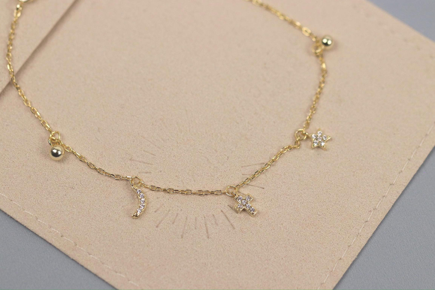 Sterling Silver Moon & Star Charm Bracelet, Gold Dainty Celestial Bracelet, Birthday Gift for Her