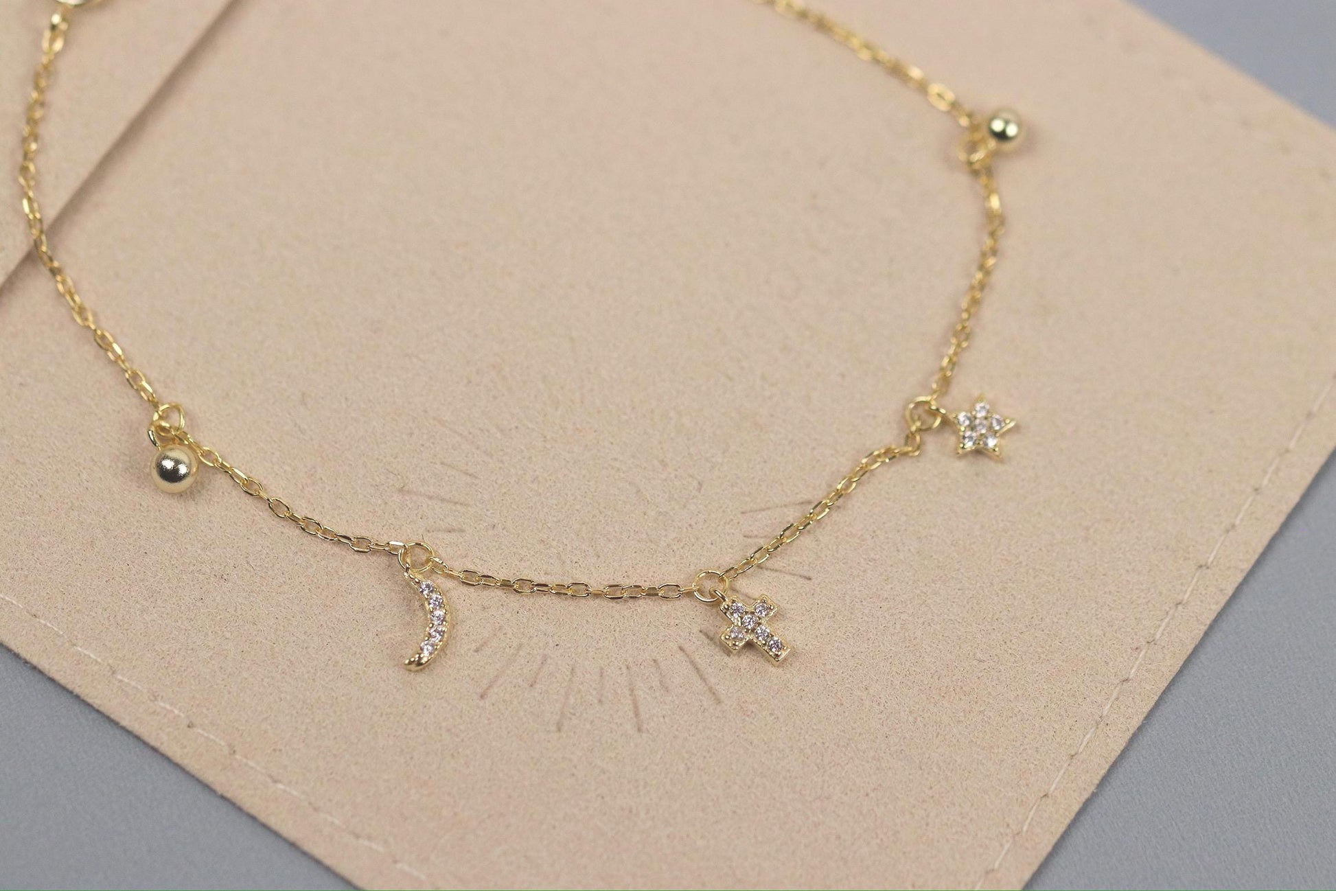 Sterling Silver Moon & Star Charm Bracelet, Gold Dainty Celestial Bracelet, Birthday Gift for Her