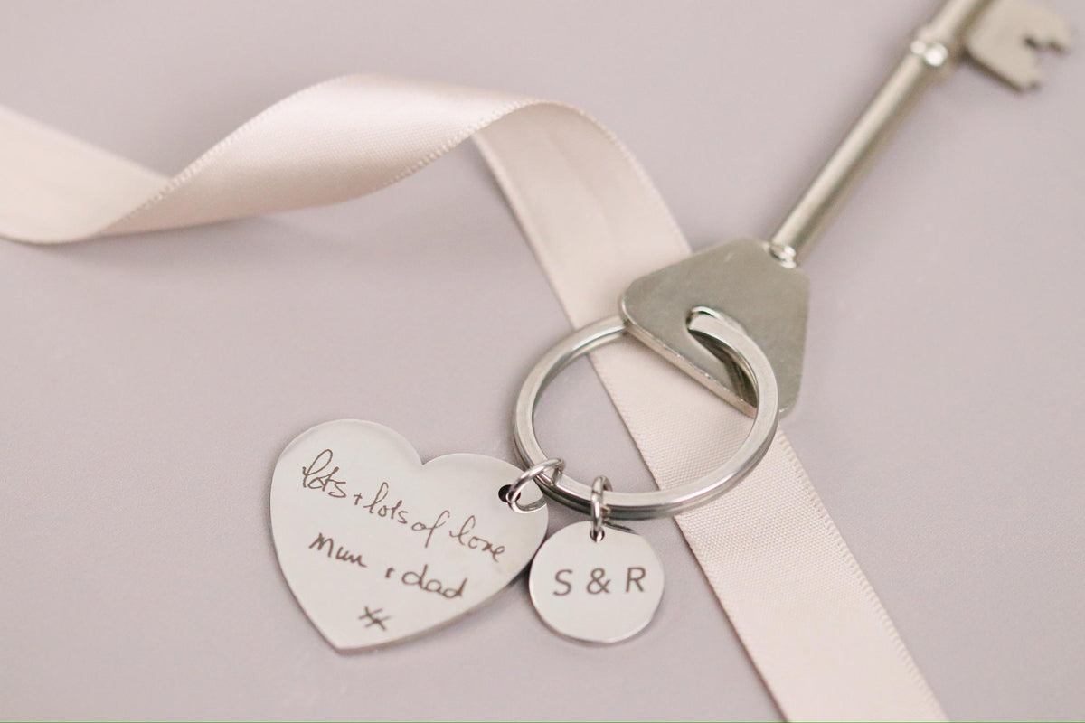 Gold Handwriting Engraved Keyring: Personalised Stainless Steel Keepsake, Custom Memorial Photo Gift
