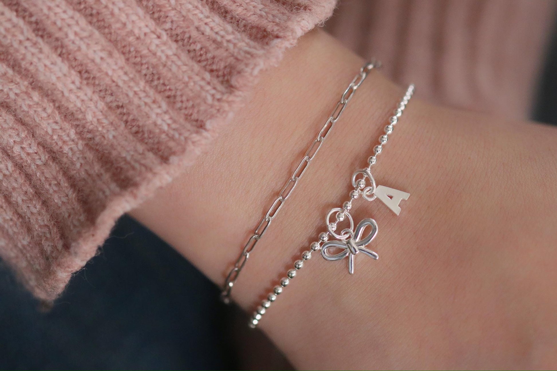 Sterling Silver Alphabet Initial Letter Bracelet, S925 Bead Bow Jewellery, Personalised Bridesmaid Jewellery Gift