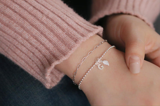 Sterling Silver Leaf Initial Bracelet, Alphabet Letter Bracelet, Personalised Christmas Jewellery Gift for Daughter