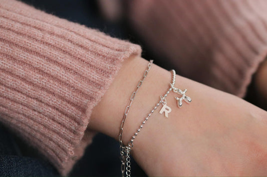 Sterling Silver Balloon Dog Charm Bracelet, Alphabet Initial Charm, Personalised Name Jewellery Gift for Her