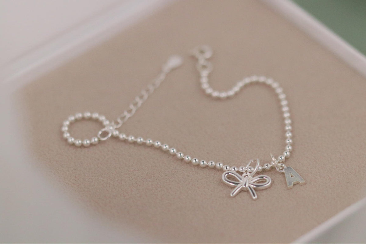 Sterling Silver Balloon Dog Charm Bracelet, Alphabet Initial Charm, Personalised Name Jewellery Gift for Her
