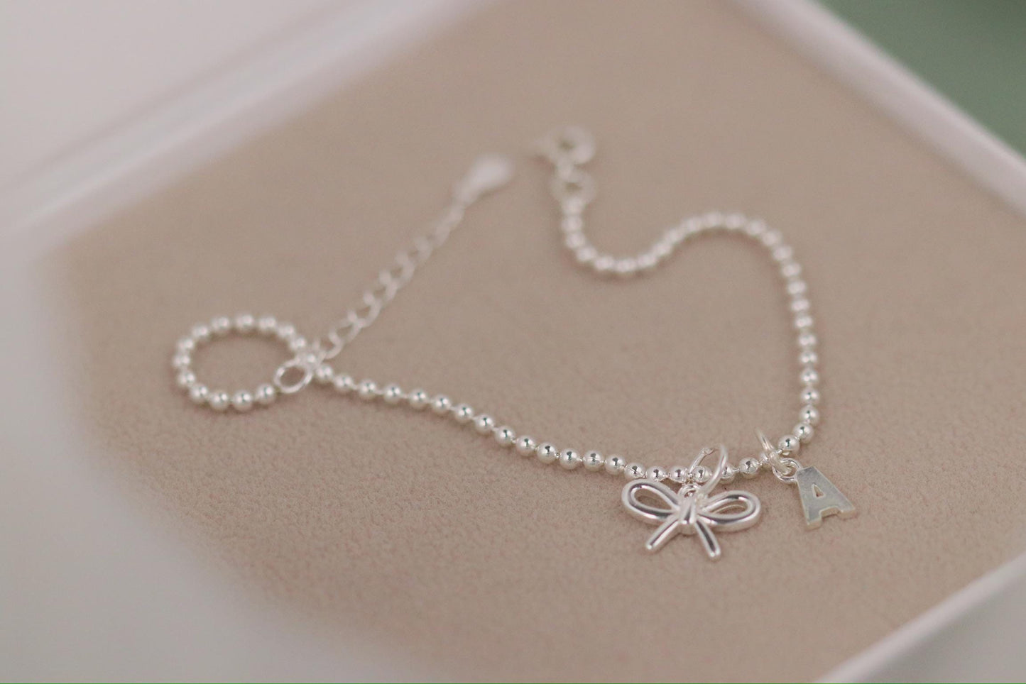 Sterling Silver Alphabet Initial Letter Bracelet, S925 Bead Bow Jewellery, Personalised Bridesmaid Jewellery Gift