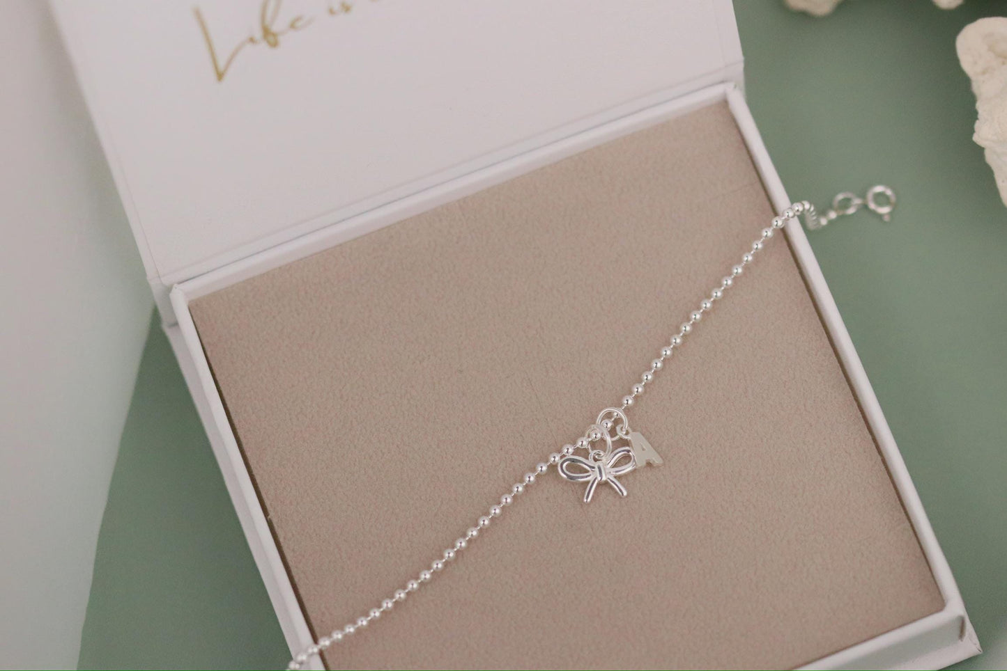 Sterling Silver Alphabet Initial Letter Bracelet, S925 Bead Bow Jewellery, Personalised Bridesmaid Jewellery Gift