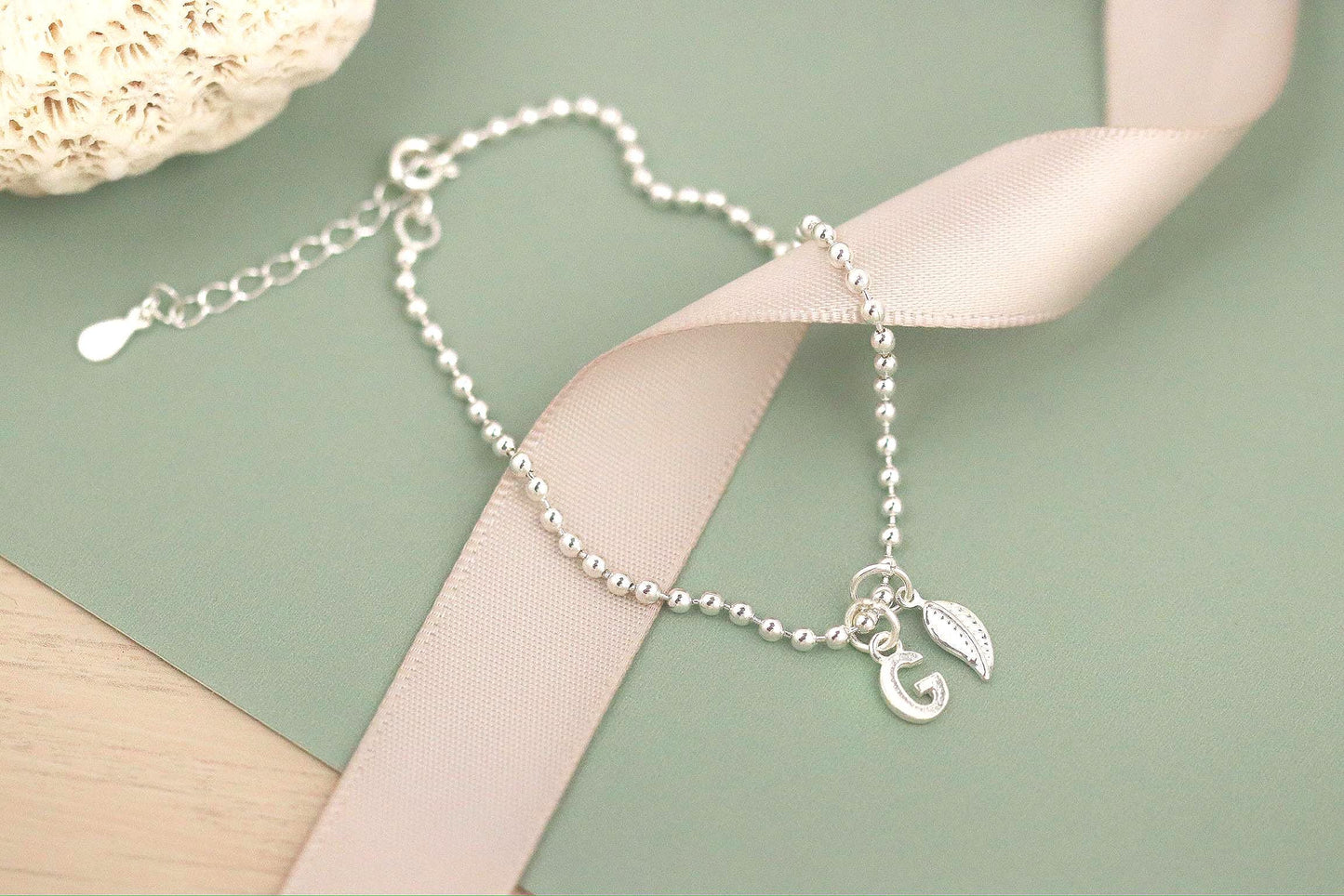 Sterling Silver Leaf Initial Bracelet, Alphabet Letter Bracelet, Personalised Christmas Jewellery Gift for Daughter