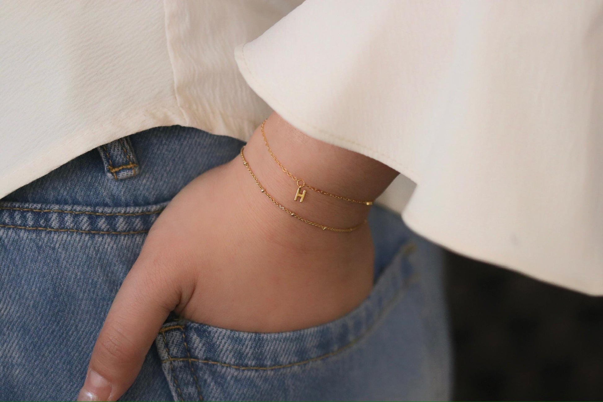 925 Sterling Silver H Initial Bracelet | Gold Letter H Charm Minimal CZ Chain Bracelet