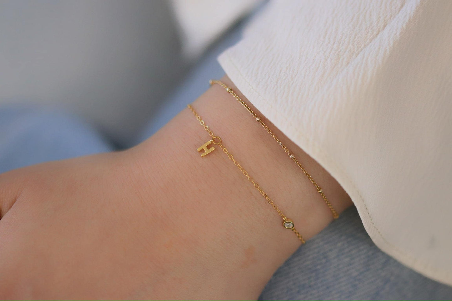 925 Sterling Silver H Initial Bracelet | Gold Letter H Charm Minimal CZ Chain Bracelet