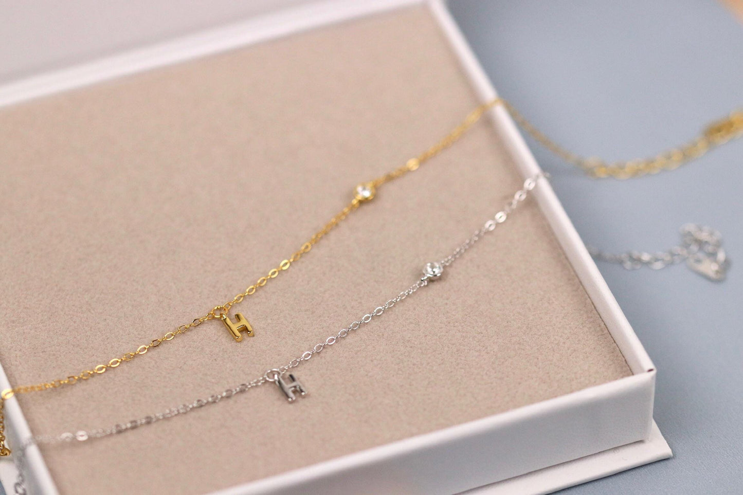 925 Sterling Silver H Initial Bracelet | Gold Letter H Charm Minimal CZ Chain Bracelet