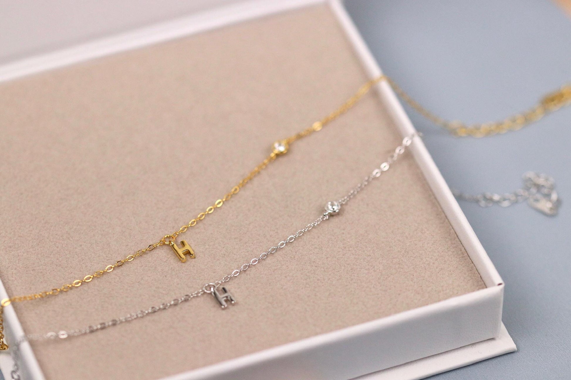 925 Sterling Silver H Initial Bracelet | Gold Letter H Charm Minimal CZ Chain Bracelet