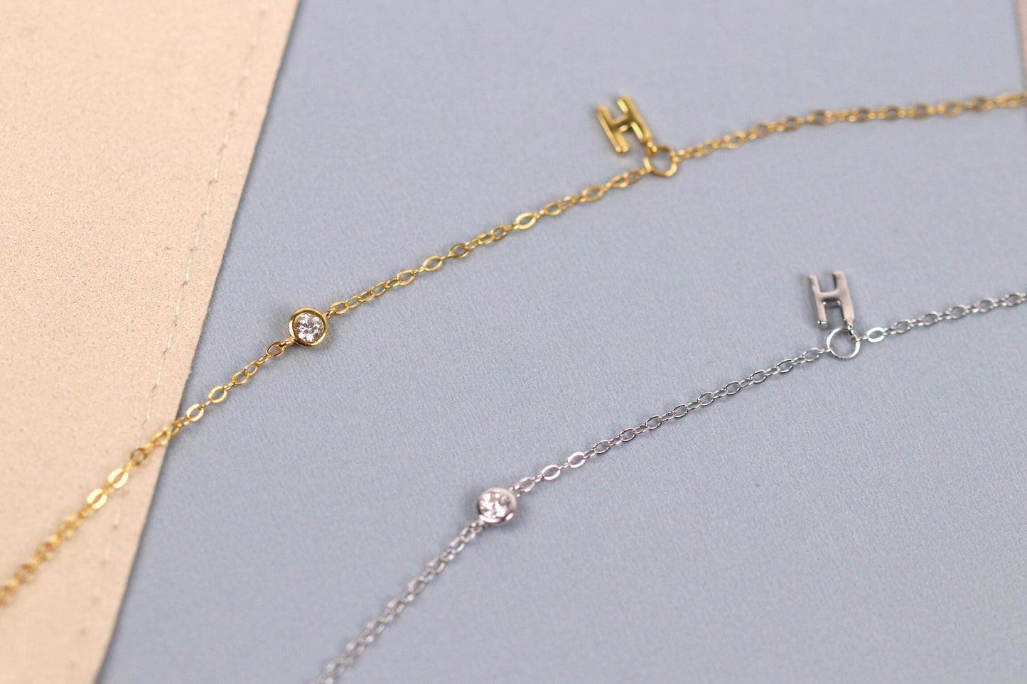 925 Sterling Silver H Initial Bracelet | Gold Letter H Charm Minimal CZ Chain Bracelet