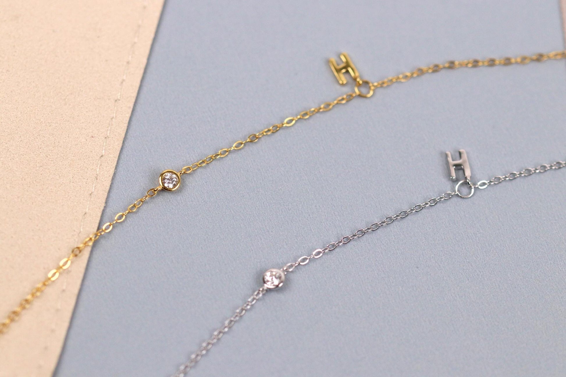 925 Sterling Silver H Initial Bracelet | Gold Letter H Charm Minimal CZ Chain Bracelet