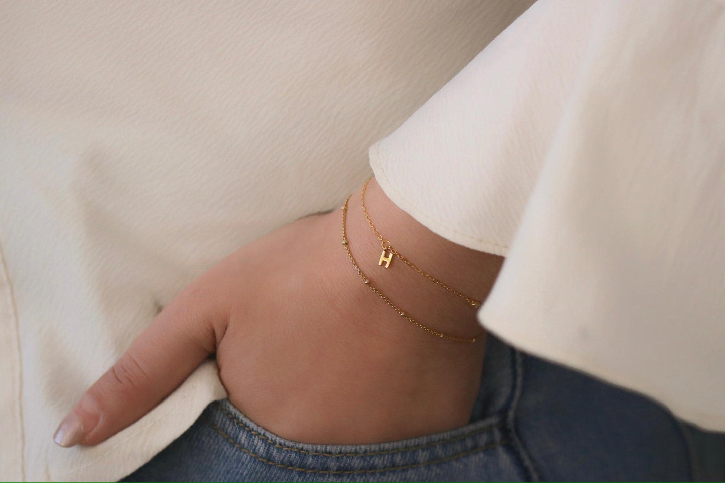 925 Sterling Silver H Initial Bracelet | Gold Letter H Charm Minimal CZ Chain Bracelet