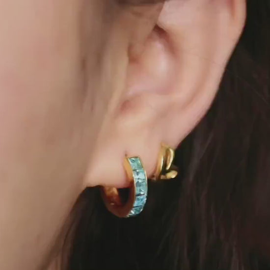 March Birthstone Earrings: Aqua CZ Crystal Hoops, Gold Plated Birthday Jewellery