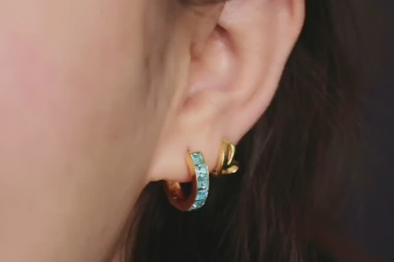 March Birthstone Earrings: Aqua CZ Crystal Hoops, Gold Plated Birthday Jewellery