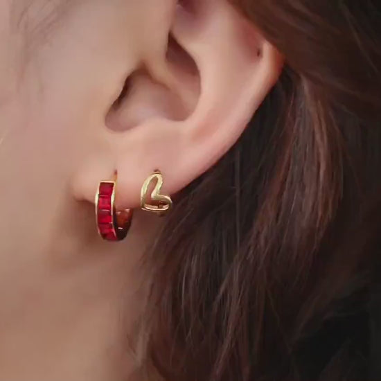 July Birthstone Earrings: Ruby Swarovski Crystal Hoops, 18ct Gold Plated Minimalist Earrings, Birthday Gift Ideas