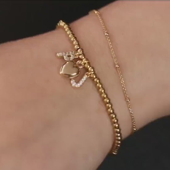 Elastic Gold Filled Beaded Bracelet, Dainty Love Heart Charm Bangle, Personalised Initial Name Card Jewellery
