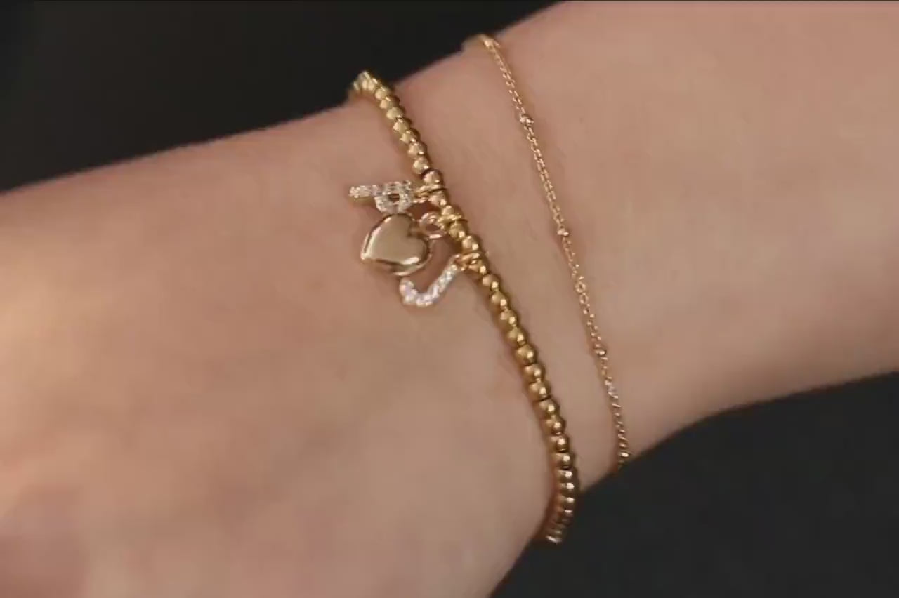 Elastic Gold Filled Beaded Bracelet, Dainty Love Heart Charm Bangle, Personalised Initial Name Card Jewellery