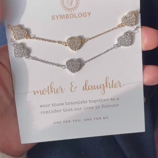 Mother Daughter Triple Heart Bracelet Set, Personalised CZ Pave Love Heart Bracelet for Mum/Sister/Friend/Bridesmaid/Graduation Gift for Her