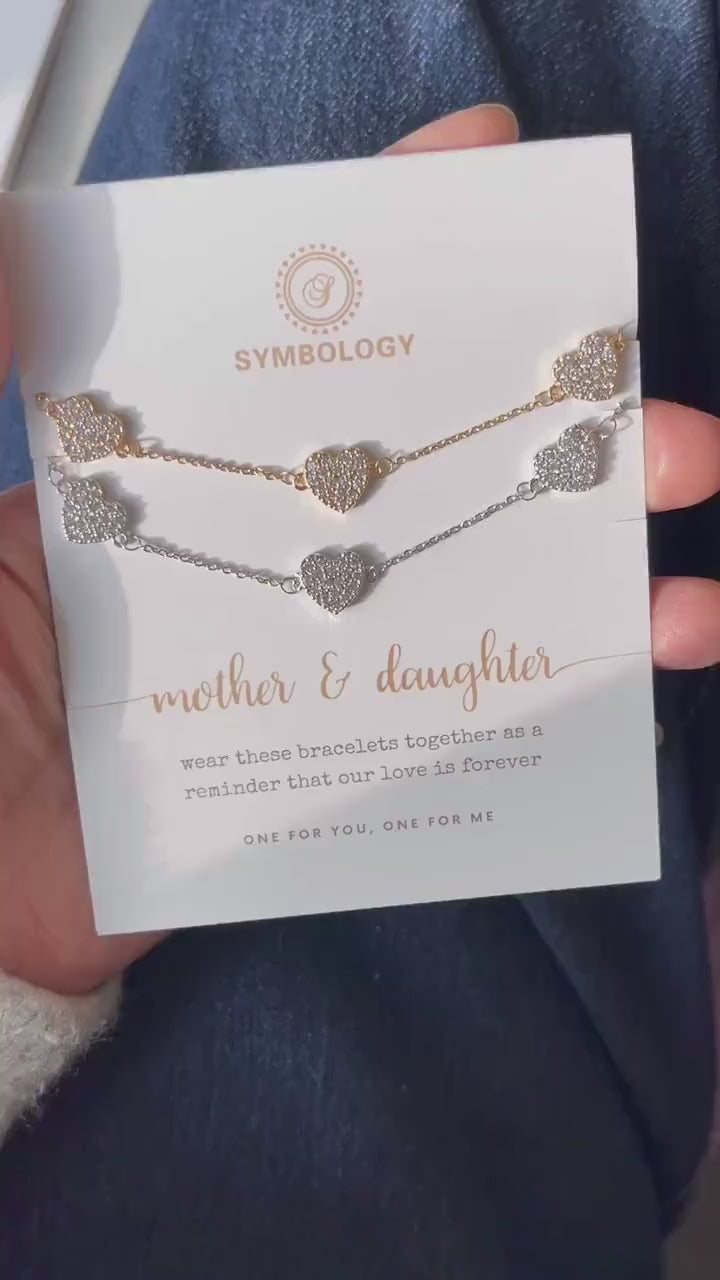 Mother Daughter Triple Heart Bracelet Set, Personalised CZ Pave Love Heart Bracelet for Mum/Sister/Friend/Bridesmaid/Graduation Gift for Her