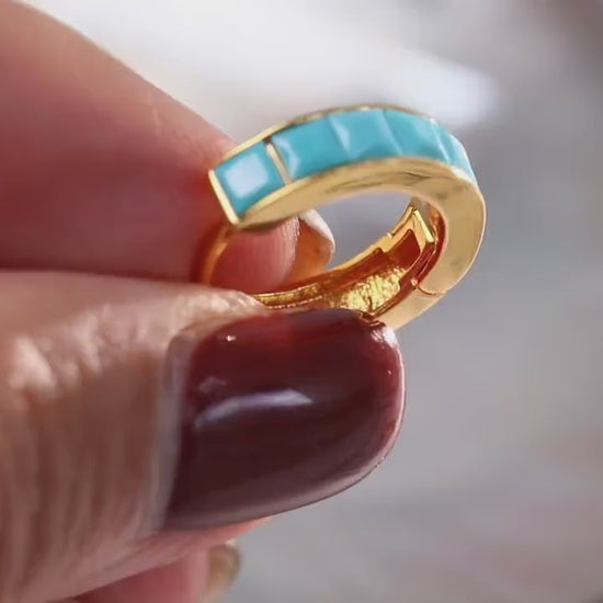 December Birthstone Jewellery: Gold Turquoise Crystal Hoop Earrings, Minimalist Jewellery for Woman