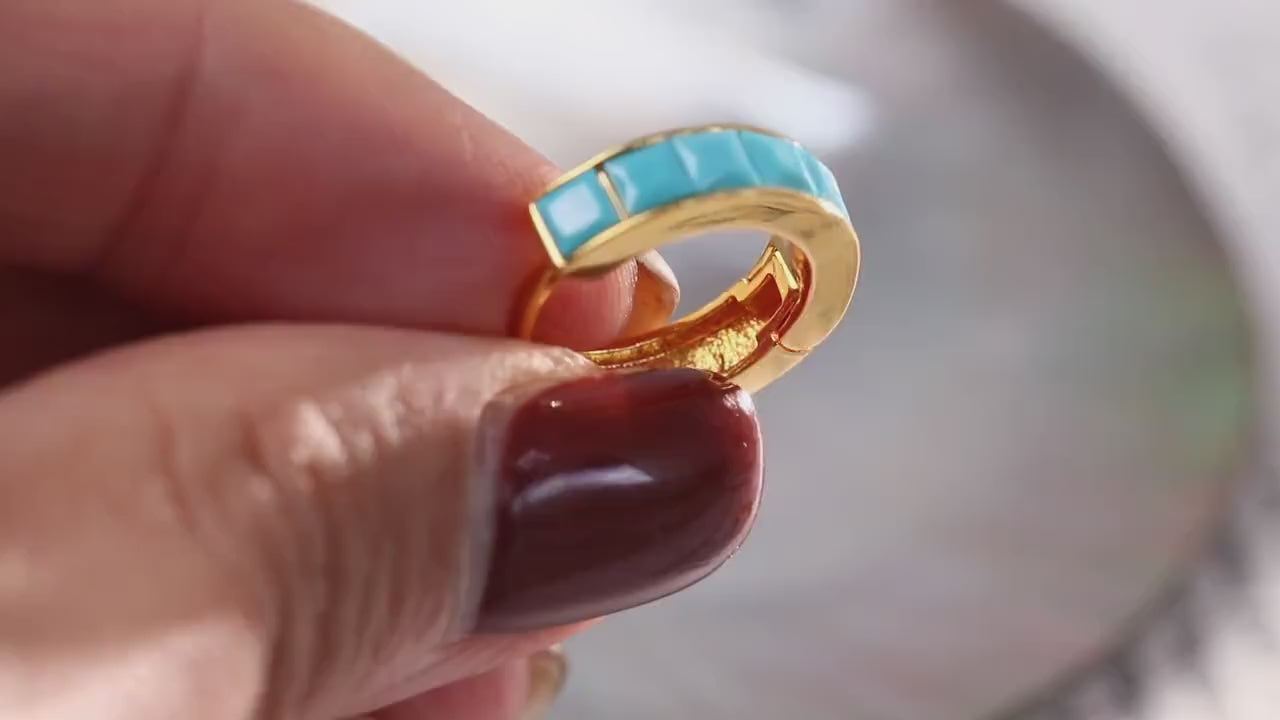 December Birthstone Jewellery: Gold Turquoise Crystal Hoop Earrings, Minimalist Jewellery for Woman