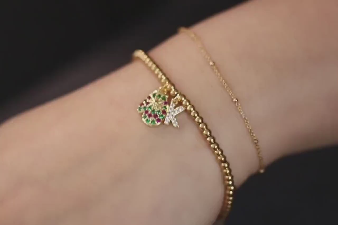 Rainbow Stone Glove Charm Stretch Bracelet, Elastic 18K Gold Filled Beads, Personalised Initial — Gift with Name Card