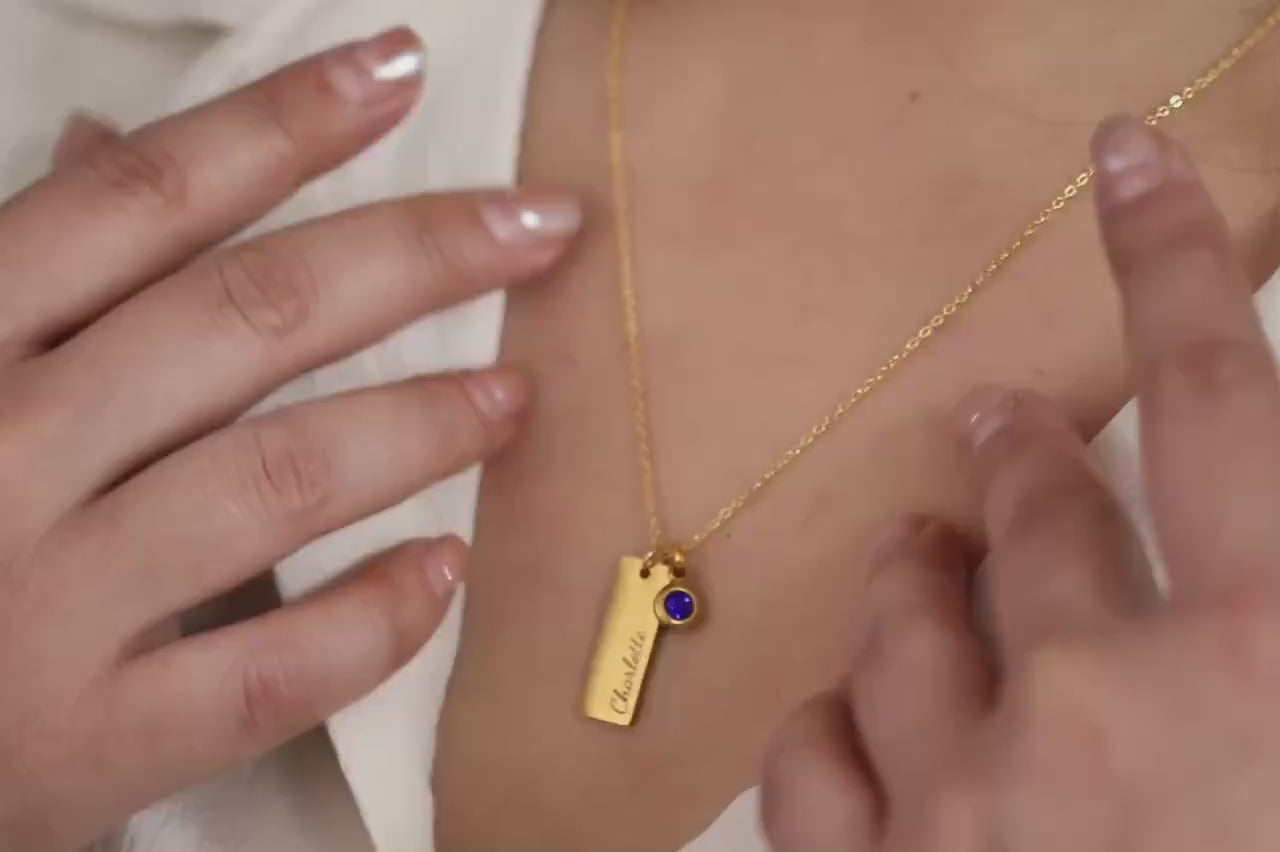 Gold Name Bar Necklace with Birthstone – Personalised Engraved NamePendant, Custom Date Jewellery Gift for Her, Birthday or Christmas Gift