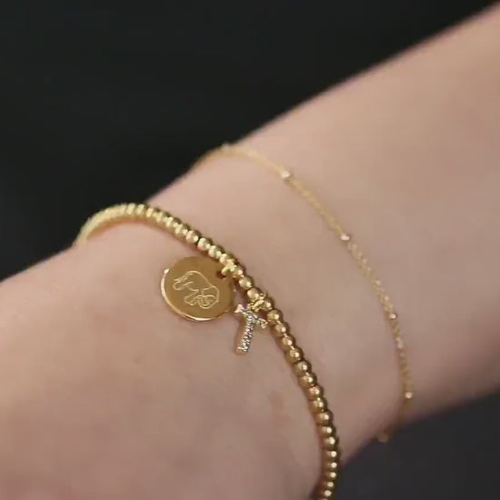 Elastic Gold Filled Bead Bracelet, 18K Gold Filled Elephant Charm Bracelet, Personalised Initial Bracelet with Personalised Name Card